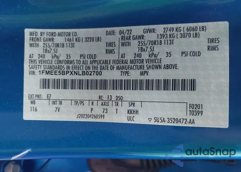 2022 Ford Bronco Outer Banks z USA, uszkodzony, nr VIN 1FMEE5BPXNLB02700